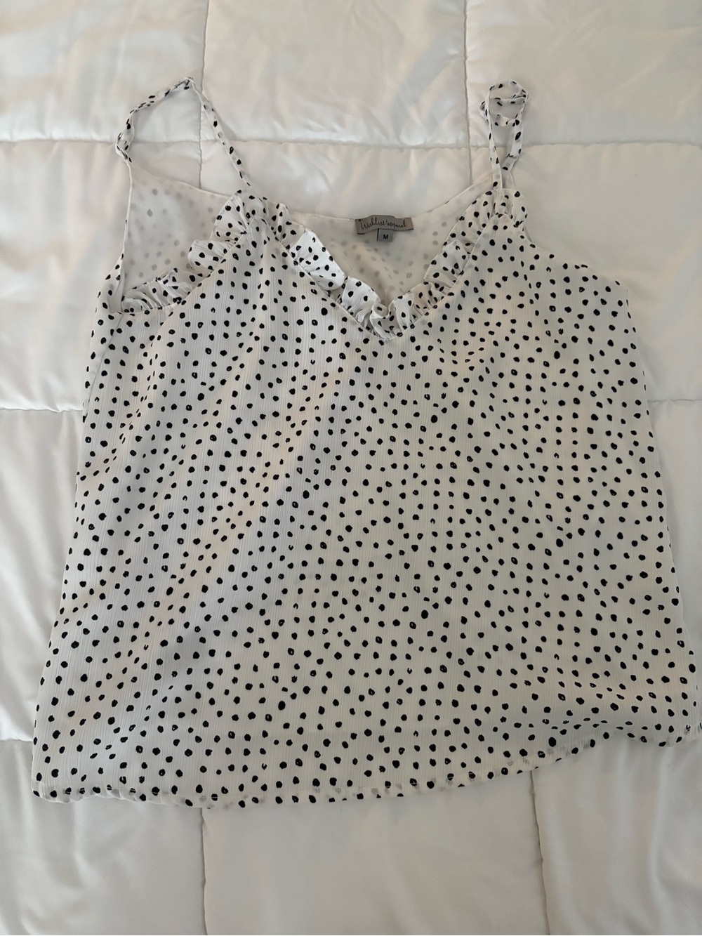 Boutique White Cami with Black Polka Dots and Ruffle Trim